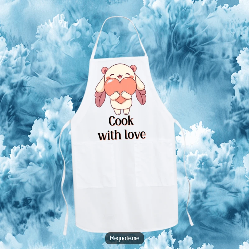 Funny apron featuring a character giving a loving hug to a heart shape, perfect for chefs who cook with passion.