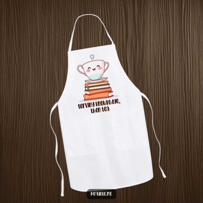 Funny apron: A cheerful teacup character humorously balancing on a stack of books while preparing food.