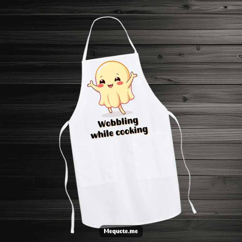 Funny apron: A wobbly jelly character energetically doing a silly dance while in the kitchen.