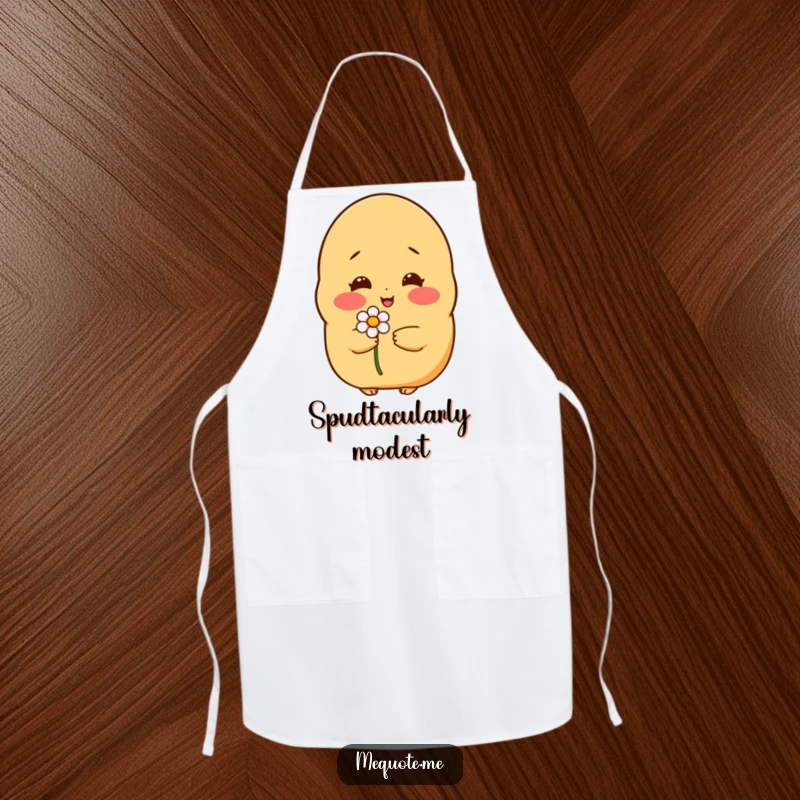Funny apron: A shy potato character blushing while holding a single flower, adding sweet charm to cooking.