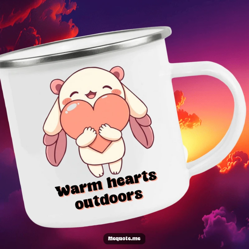Funny camping mug with a character giving a warm hug to a heart, symbolizing love and comfort in outdoor settings.