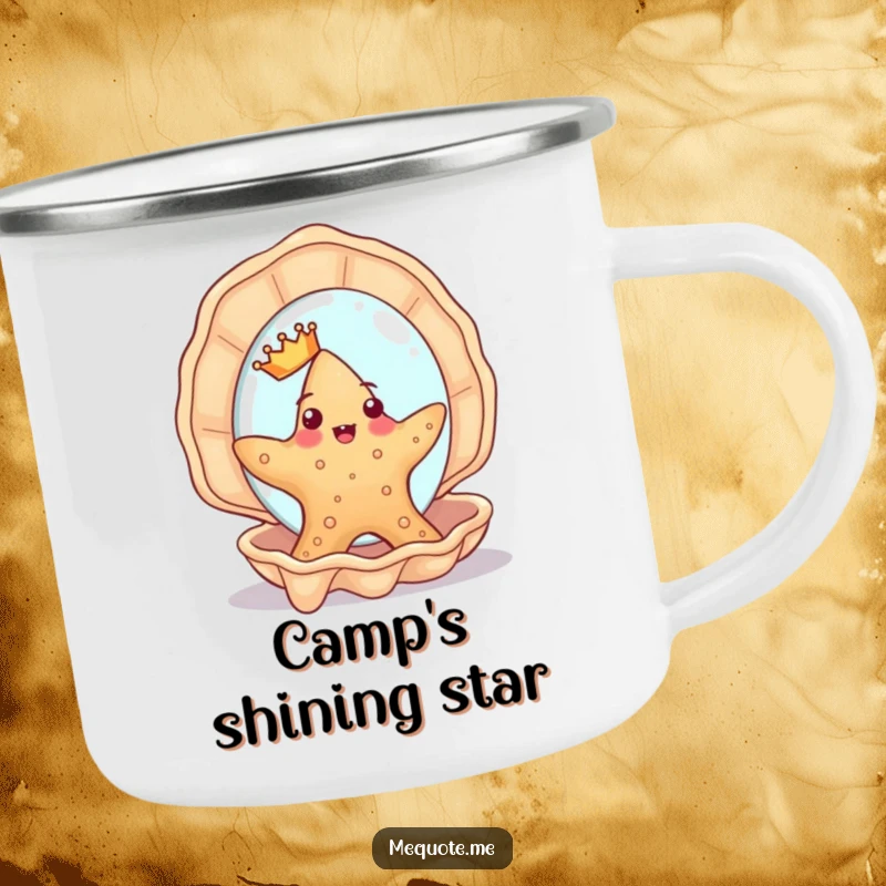 Funny Starfish Camping Mug: A cute starfish with a crown humorously admires itself in a seashell mirror, perfect for outdoor enjoyment.