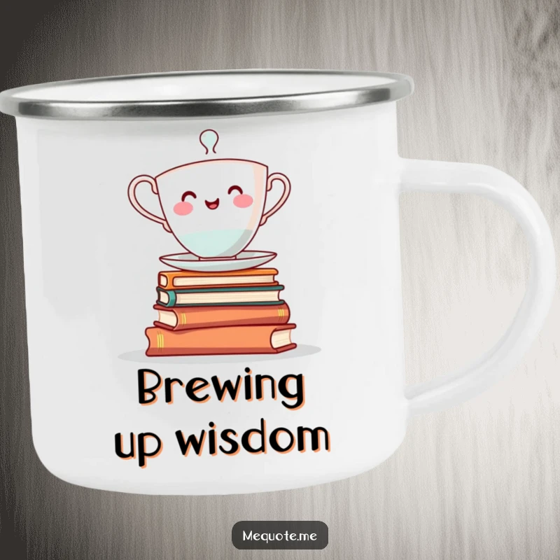 Funny camping mug: A cheerful teacup character balancing on books, ready for outdoor reading and warm drinks.