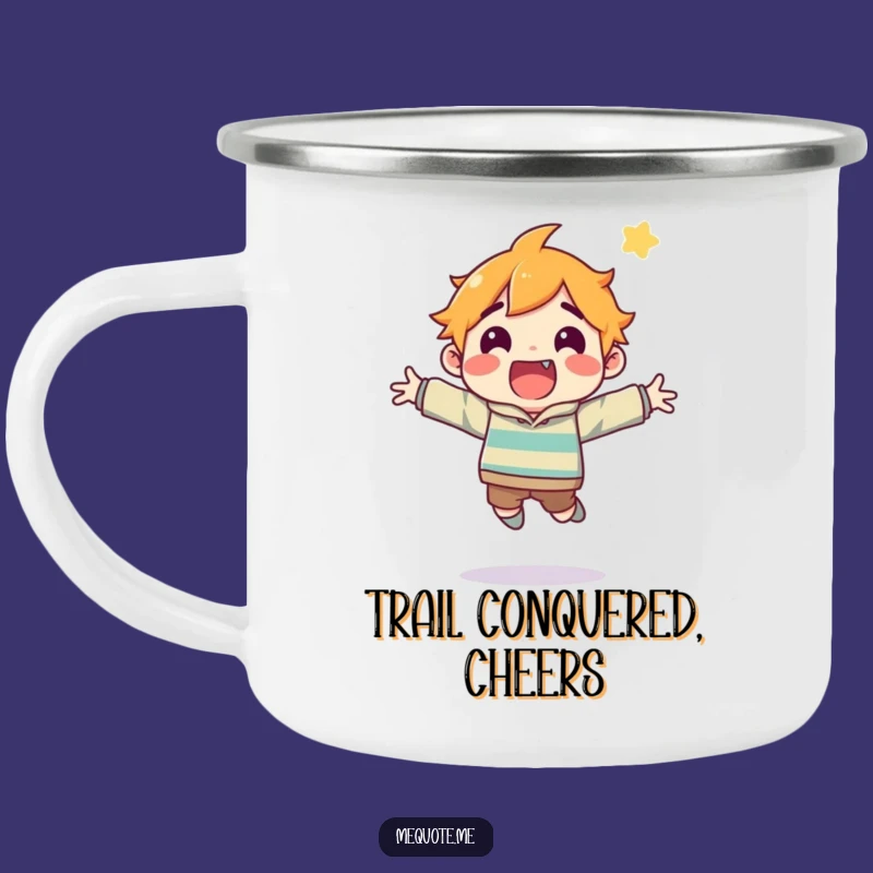 Funny Camping Mug: Excited Character's Adventure Jump, Sip & Celebrate Outdoors!