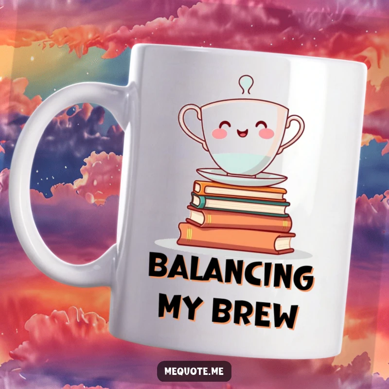 Funny mug: A cheerful teacup character wobbling precariously while balancing on a tall stack of books.