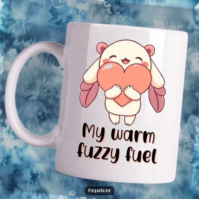 Funny mug showing a cute character wrapping its arms around a stylized, abstract heart shape in a loving embrace.
