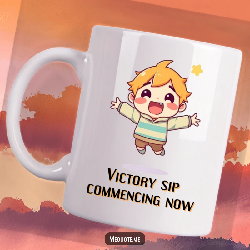 Funny mug with an ecstatic character in mid-air jump, celebrating a minor success with pure joy and energy.