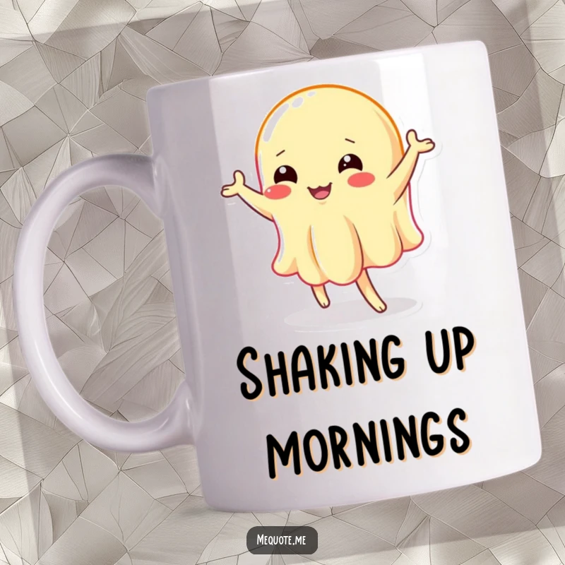 Funny mug: A wobbly jelly character enthusiastically performing a silly, jiggly dance with joyful abandon.