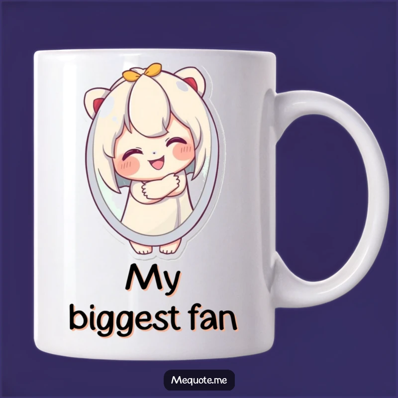 Funny Self-Love Mug: Cute Character Smiling Proudly at Reflection, Perfect Gift