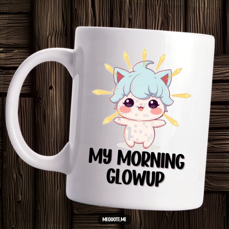 Funny mug featuring a whimsical character emitting a soft, warm glow, symbolizing positive energy and inner peace.