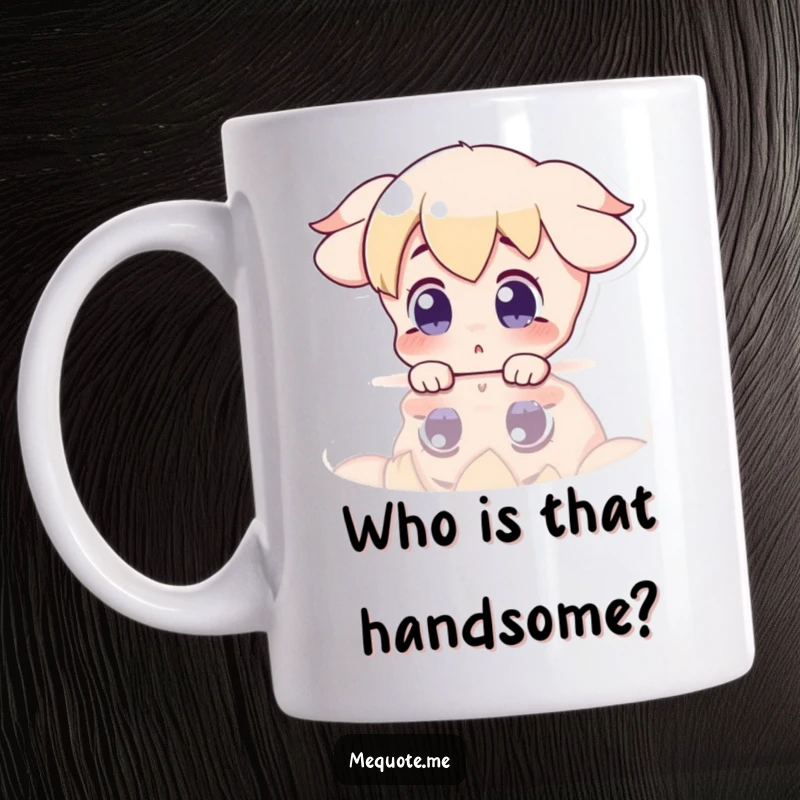 Funny Mug showing a surprised character gazing at its reflection in a shiny surface, a moment of unexpected self-discovery.