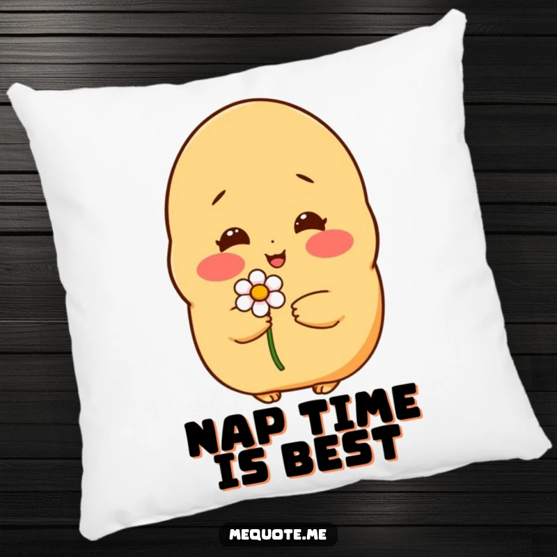 Funny pillow: A shy, blushing potato character holding a small flower, designed for cozy comfort and sweet decor.
