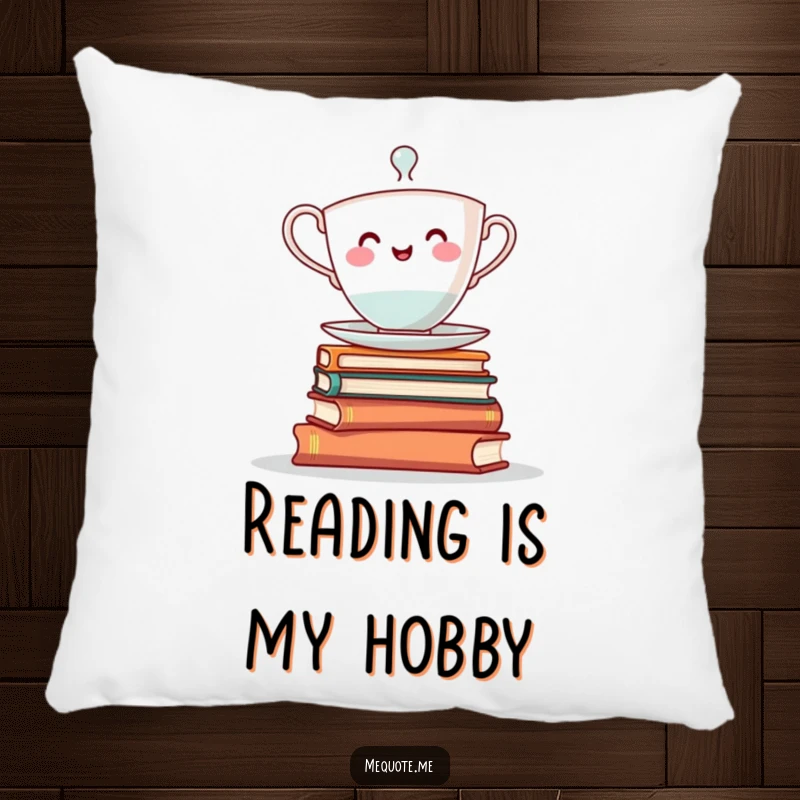 Funny pillow: A cheerful teacup character balancing on a stack of knowledge books, offering cozy support.