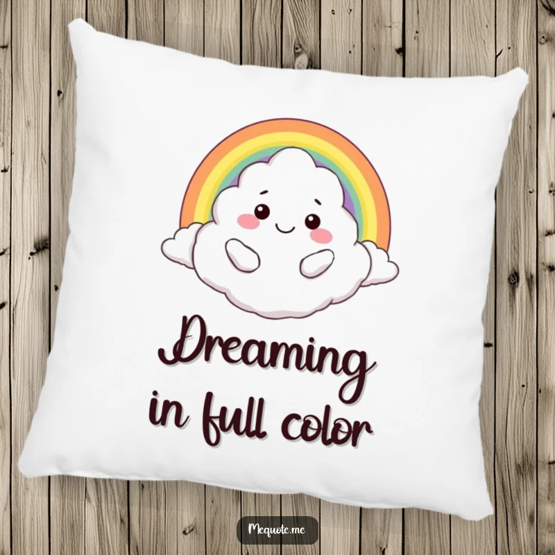 Funny pillow: A plush, smiling cloud character hugging a bright rainbow, offering comfort and whimsy.