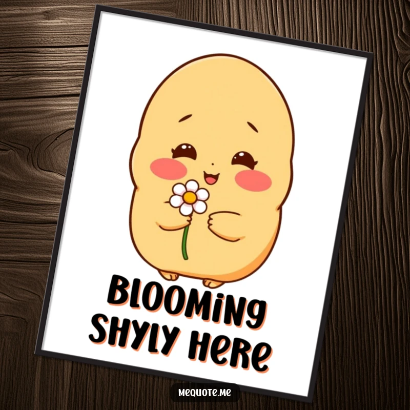 Funny digital art print: A shy potato character blushing sweetly while holding a delicate flower, full of gentle charm.