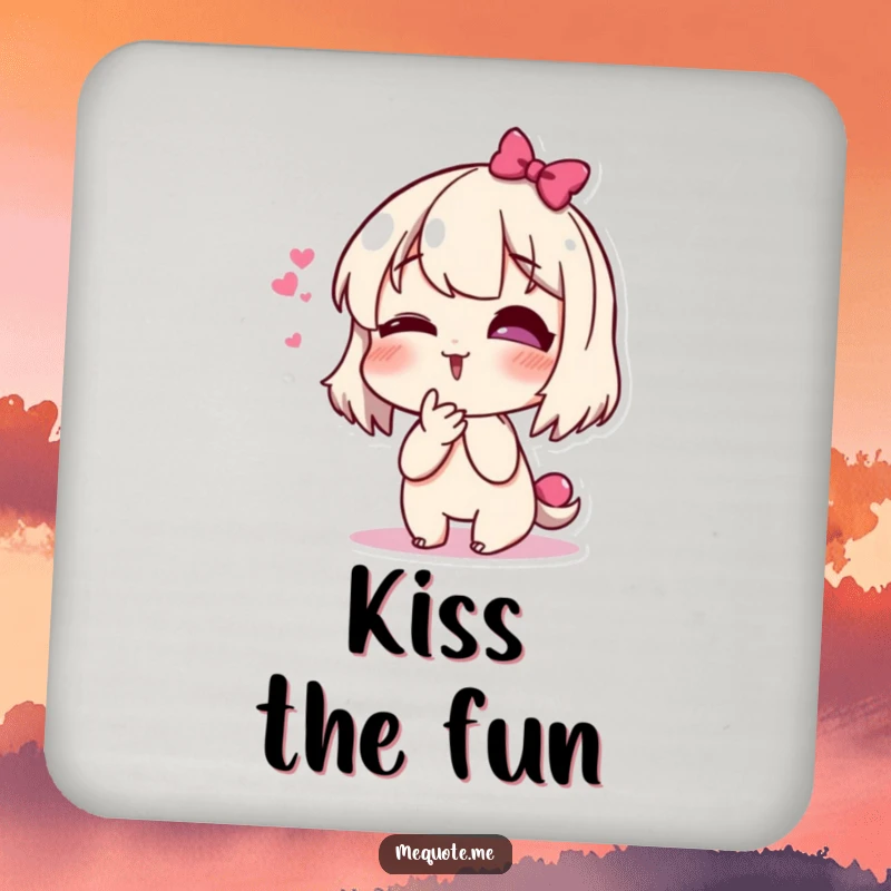 Funny drink coaster displaying a cute, giggling character blowing a kiss, adding a whimsical touch to any beverage setting.