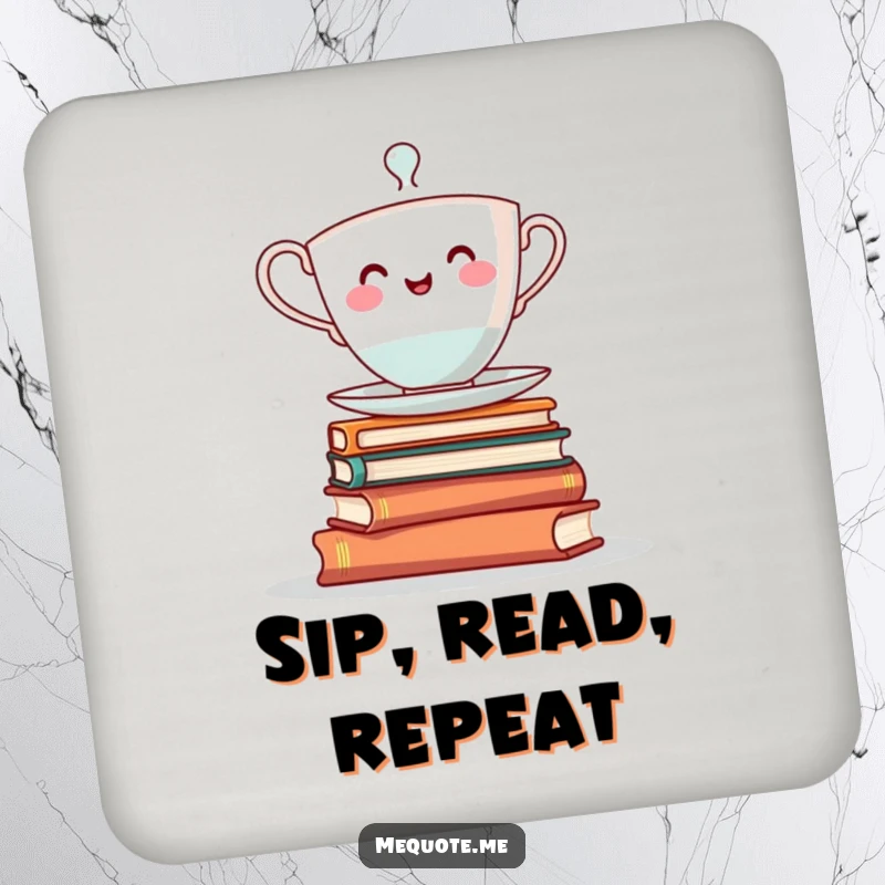 Funny drink coasters: A cheerful teacup character balancing on a stack of books, adding charm to surfaces.