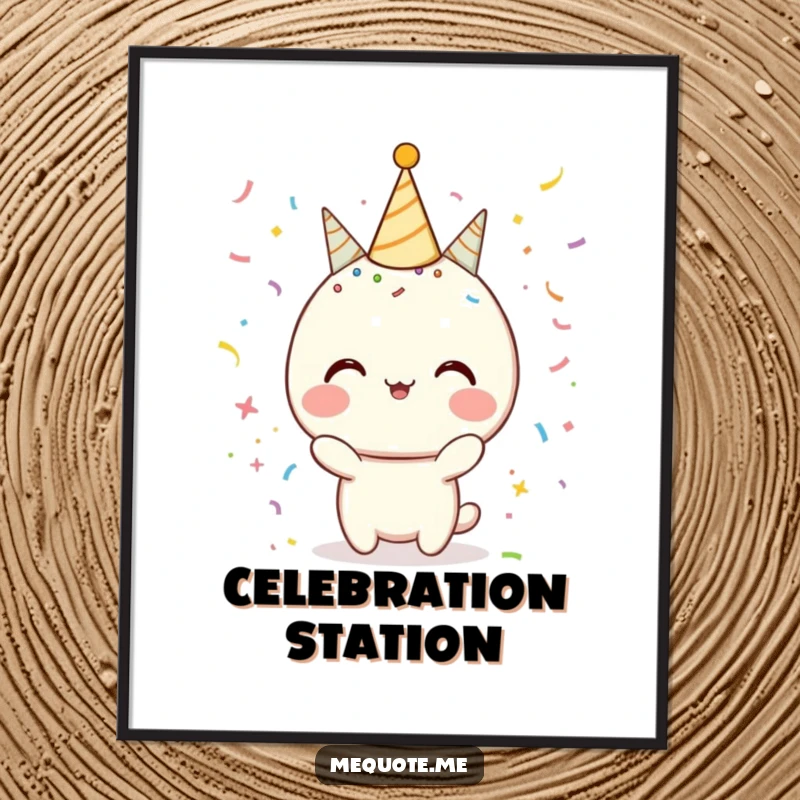 Funny Poster of a character celebrating with a dazzling display of confetti and sparkles around its head, pure joy.