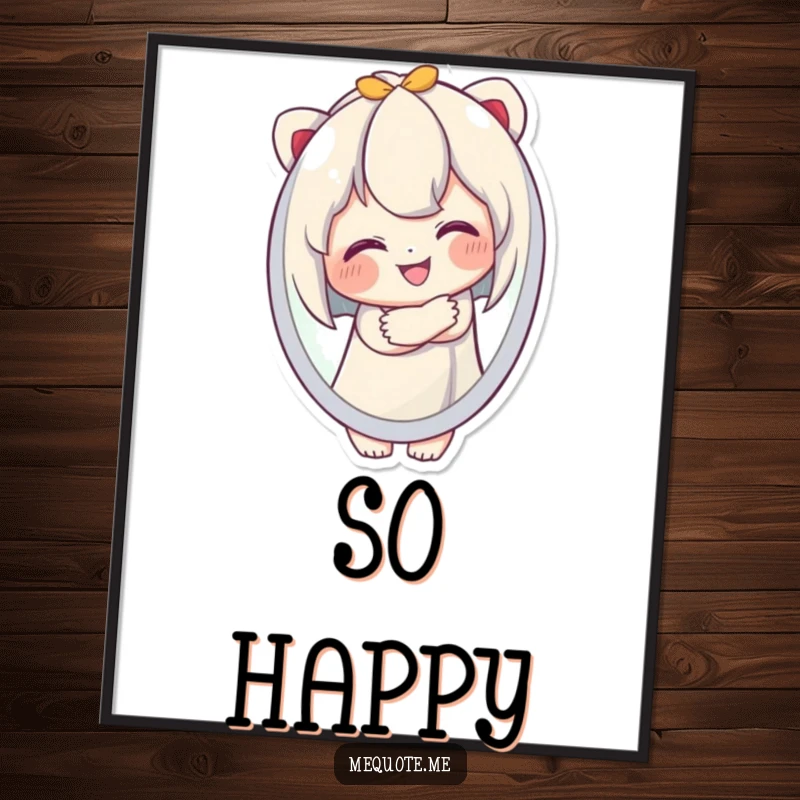 Funny Poster featuring a cute character beaming while embracing its own reflection, promoting positive self-image and humor.