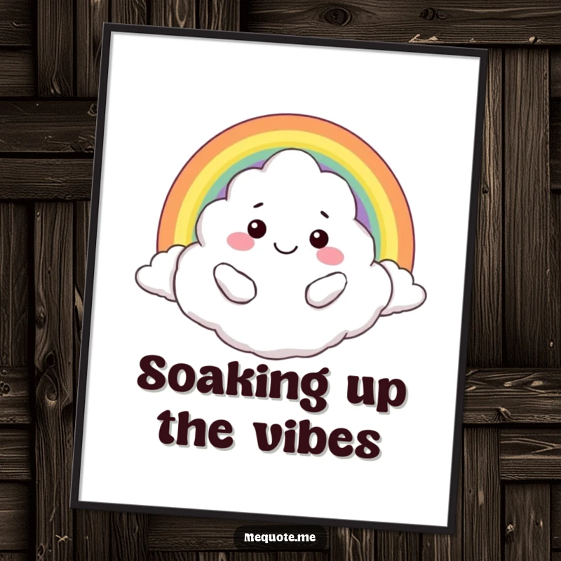 Funny poster: A delightful smiling cloud character embracing a vivid rainbow, creating a cheerful and uplifting atmosphere.
