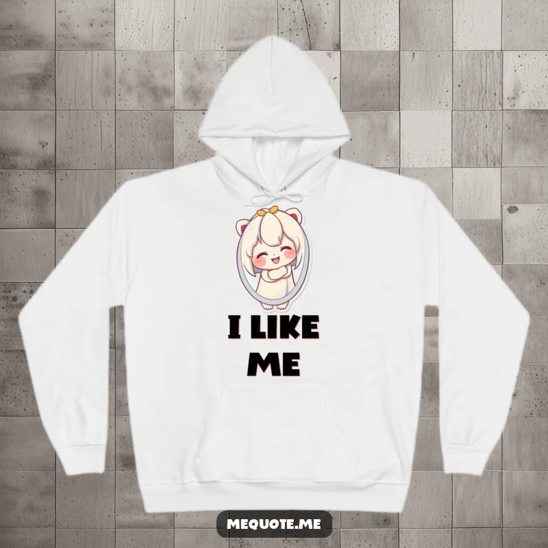 Funny Hoodie with a cute character giving a warm hug to its own smiling reflection, embodying self-adoration and coziness.