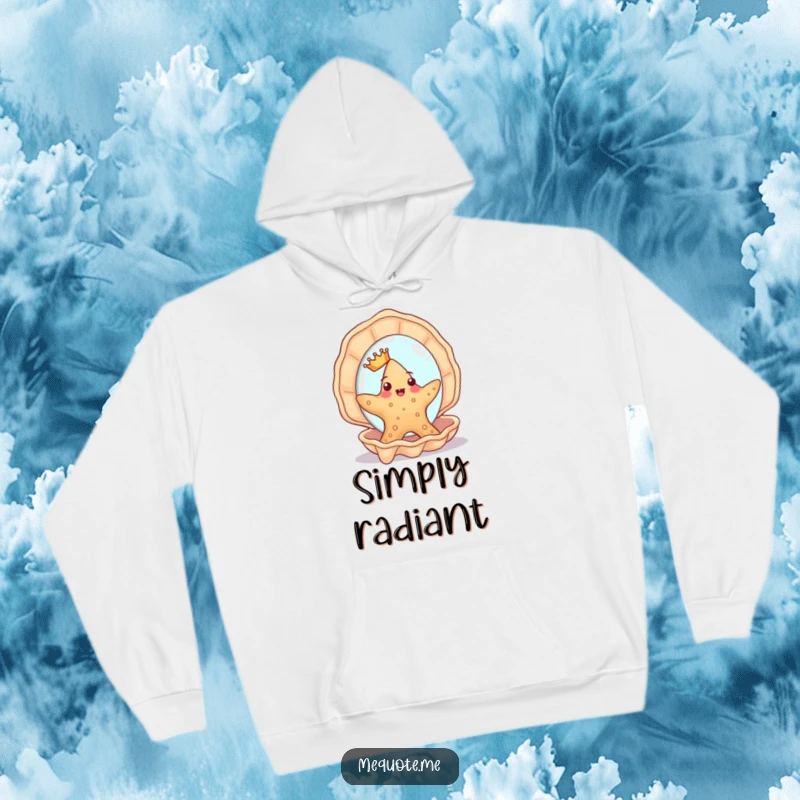 Funny Starfish Hoodie: A cute starfish with a crown humorously admires itself in a seashell mirror, featuring a regal design.