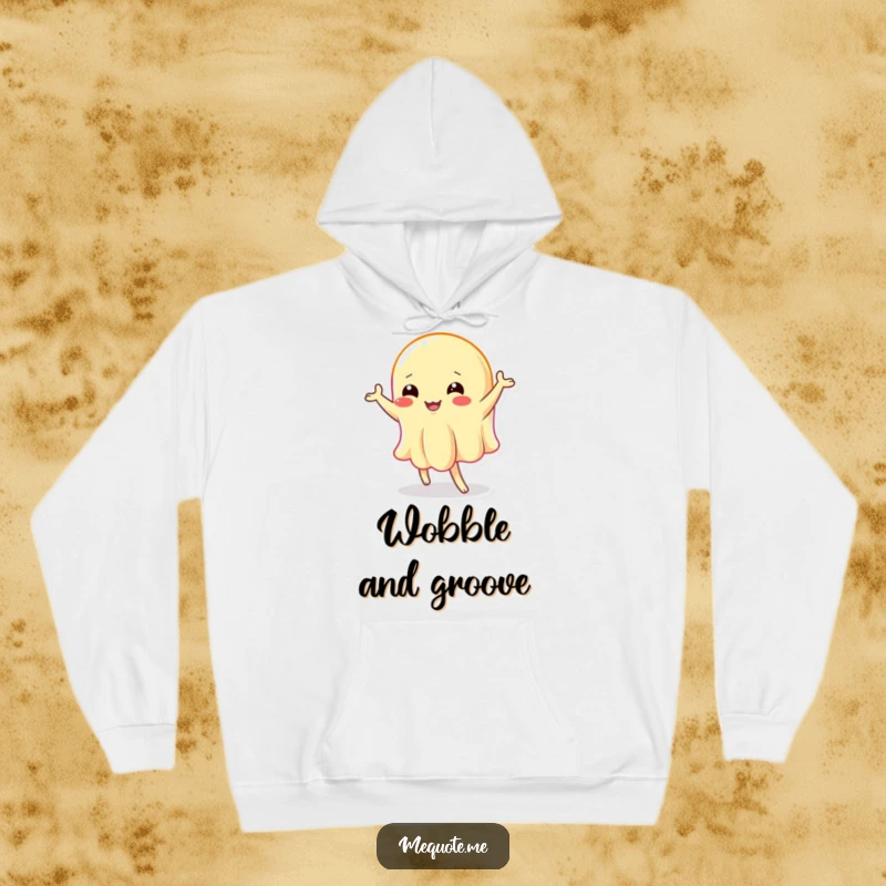 Funny hoodie: A wobbly jelly character performing an amusing, energetic dance, embodying pure fun and movement.