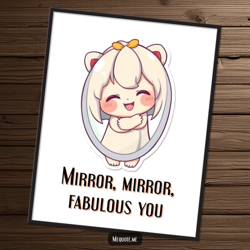 Funny Free Printable Wall Art: Cute character happily hugging its own reflection, celebrating self-love with a smile.
