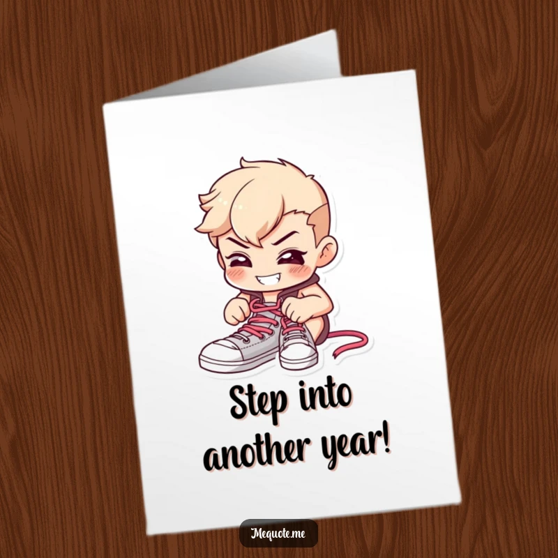 Funny Free Printable Birthday Card showing a determined character focused on tying shoelaces with a cheerful grin, ready for action.
