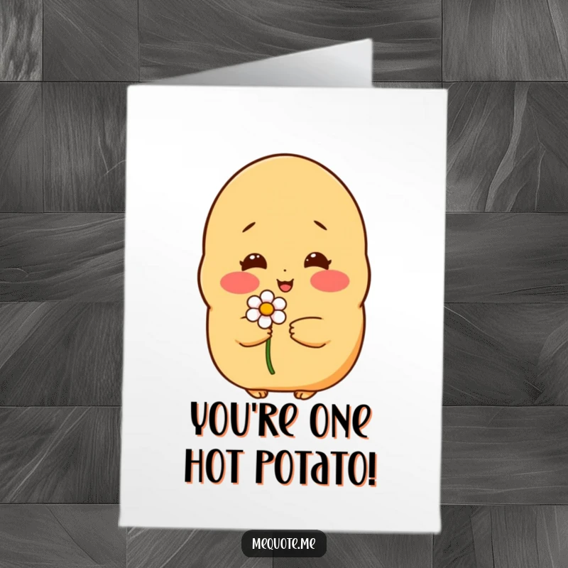 Funny Free Printable Birthday Card: Shy potato character blushing deeply while offering a single delicate flower.