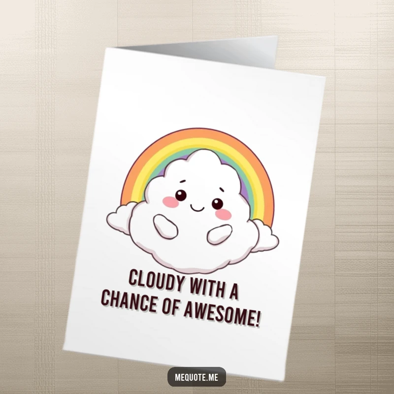 Funny Free Printable Birthday Card: Smiling cloud character joyfully hugging a vibrant rainbow, spreading cheer.