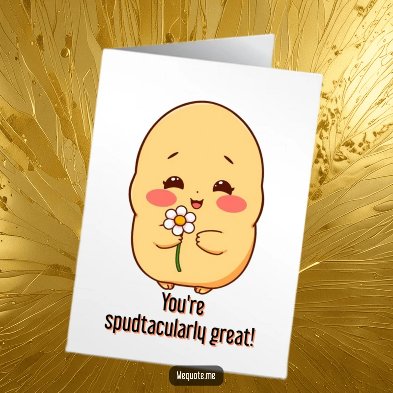 Funny Free Printable Congratulations Card: A shy potato character blushing while presenting a flower to celebrate.