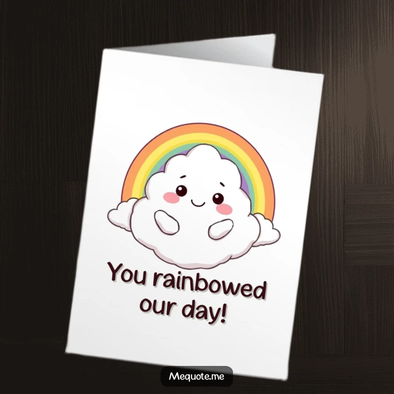 Funny Free Printable Congratulations Card: Smiling cloud character playfully hugging a rainbow, celebrating success.