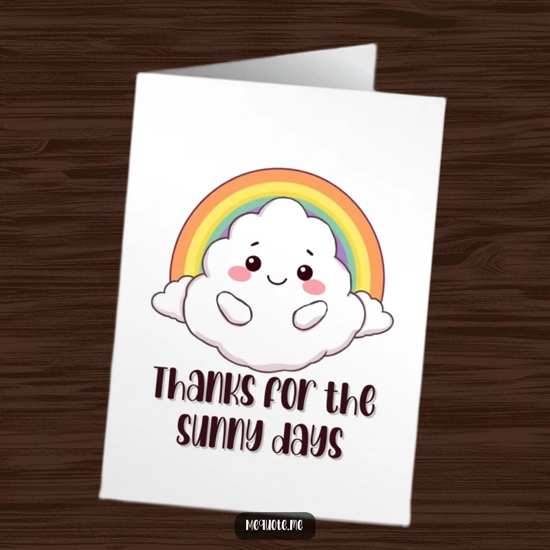 Funny Free Printable Thank You Card: Smiling cloud character embracing a rainbow, conveying heartfelt thanks.