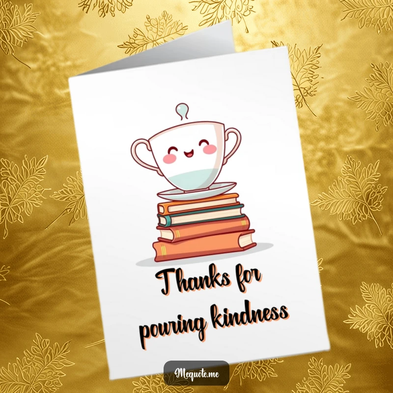 Funny Free Printable Thank You Card: A cheerful teacup character attempting to balance on a pile of books for thanks.