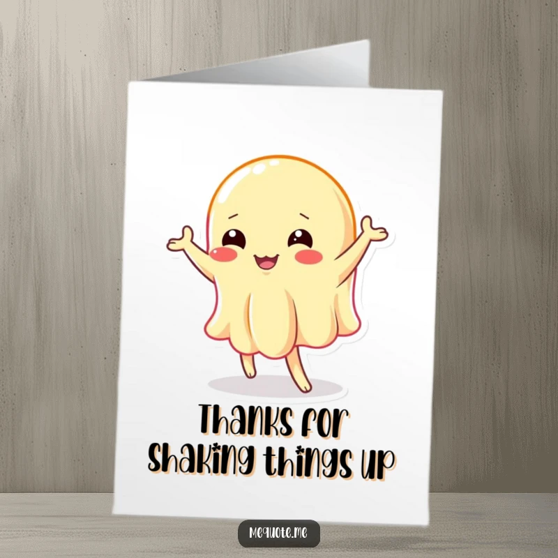 Funny Free Printable Thank You Card: A wobbly jelly character doing a silly dance to convey thanks.