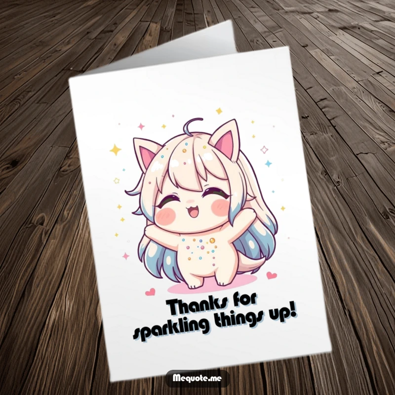 Funny Free Printable Thank You Card showing a playful character showering itself with glitter, expressing thanks joyfully.