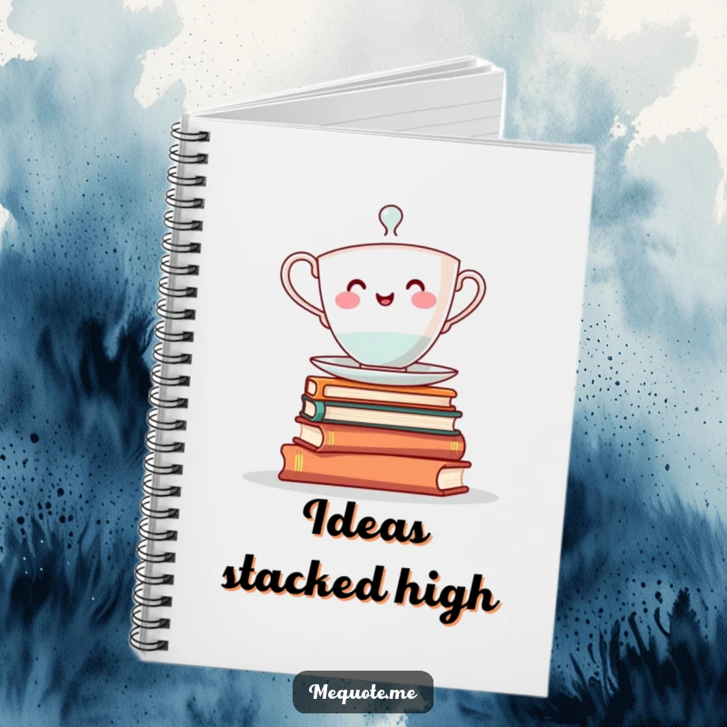 Funny notebook: A cheerful teacup character balancing on a stack of books, perfect for notes and ideas.