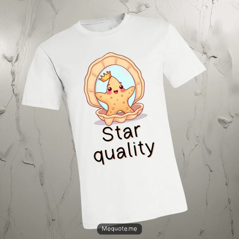 Funny Starfish T-Shirt: A cute starfish character in a small crown poses proudly, looking into a seashell mirror.