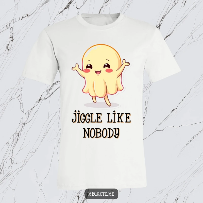 Funny t-shirt: A wobbly jelly character doing a hilarious, jiggly dance, spreading infectious energy and fun.