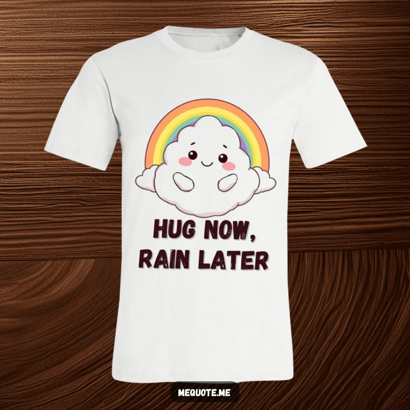 Funny t-shirt: A smiling cloud character enthusiastically hugging a colorful rainbow, radiating pure bliss.