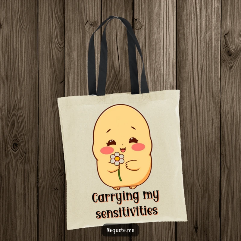 Funny tote bag: A shy potato character blushing while holding a delicate flower, perfect for carrying daily items.