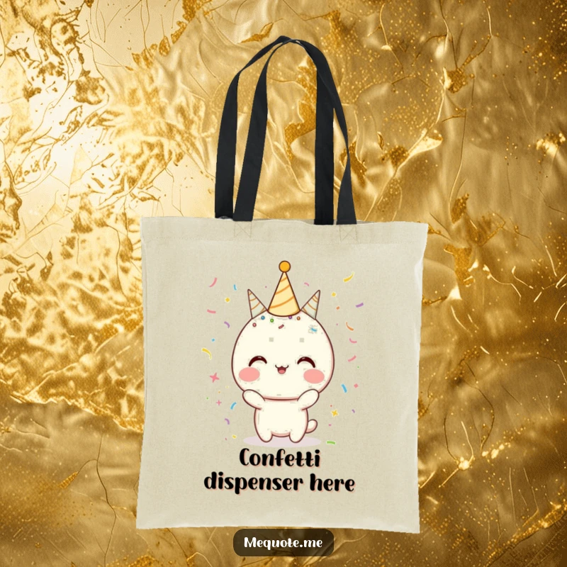 Funny Tote Bag featuring a character covered in confetti and sparkles, symbolizing a constant state of celebration.