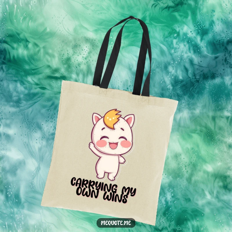 Funny Tote Bag featuring a character joyfully patting itself on the back, representing self-praise and personal success.