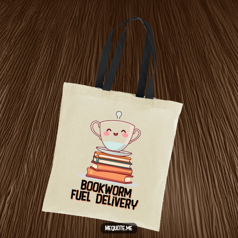 Funny tote bag: A cheerful teacup character precariously balancing on a sturdy stack of diverse books.